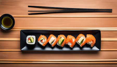 A close-up of a plate of salmon sushi rolls on a wooden table. The sushi rolls are arranged in a...