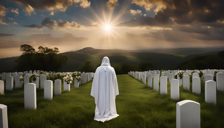 A solitary figure stands amidst a field of white tombstones, silhouetted against a glowing sunset. The scene evokes a sense of peace and contemplation, reflecting on life and mortalityの写真素材