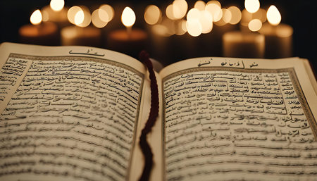 An open Quran with Arabic text and candles in the background, symbolizing faith and spirituality.の写真素材