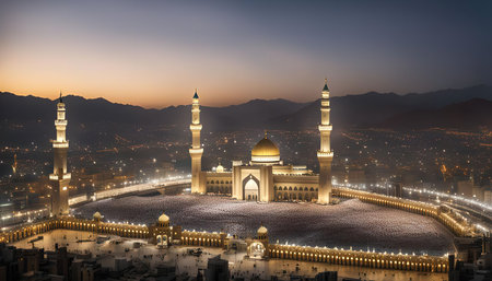 A breathtaking night view of a grand mosque, illuminated by countless lights. The mosque stands majestically against the backdrop of a city skyline, with its towering minarets reaching towards the heavens.の写真素材