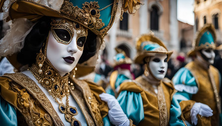 A close-up of a person wearing a traditional Venetian Carnival mask, adorned with elaborate gold jewelry and a striking costume. The mask covers the face, creating an air of mystery and intrigue. The setting is a lively carnival celebration, showcasing the rich and colorful traditions of Venice.の写真素材