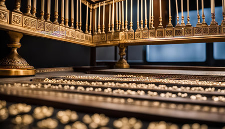 A detailed close-up of a gilded balustrade, showing intricate metalwork and ornate details. The...