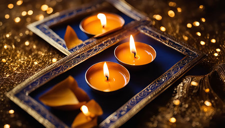 Close-up shot of burning candles in decorative holders, illuminated against a golden background. This image represents the joy and celebration of Diwali, a major Indian festival.の写真素材