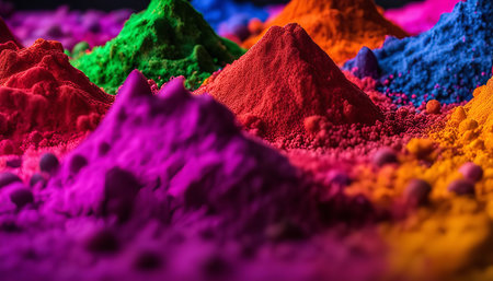 A close-up shot of colorful powders arranged in small mounds, representing the vibrant and joyful...