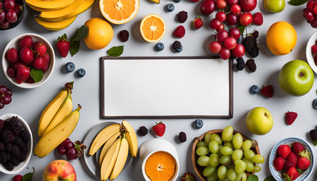 A vibrant background of fresh fruits, featuring bananas, apples, oranges, grapes, strawberries, blueberries, raspberries and blackberries, all arranged around a blank white space. Perfect for showcasing your culinary creations or adding a touch of freshness to your projects.の写真素材