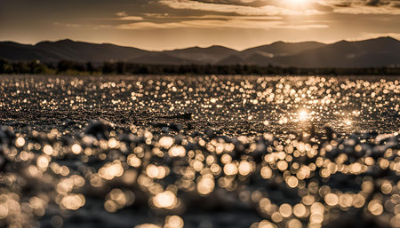 A close-up view of shimmering water with the sun reflecting on the surface, creating a dazzling bokeh effect and a sense of serenity.の写真素材