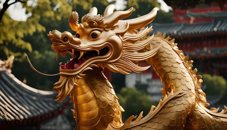 Close up of a golden dragon statue in a Chinese temple.の写真素材