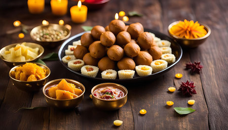 A variety of Indian sweets and snacks arranged on a wooden table, including a plate of laddoos, bowls of fruit, and other delicacies.の写真素材