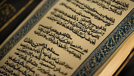 A detailed close-up of a page from a holy book, featuring intricately Arabic calligraphy. The script is beautifully adorned with gold and ornate patterns, highlighting the sacredness of the text.の写真素材