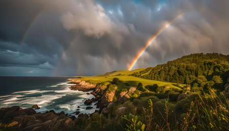 A vibrant rainbow arches over a dramatic coastline, with rolling green hills and a sparkling blue ocean stretching out to the horizon.の写真素材