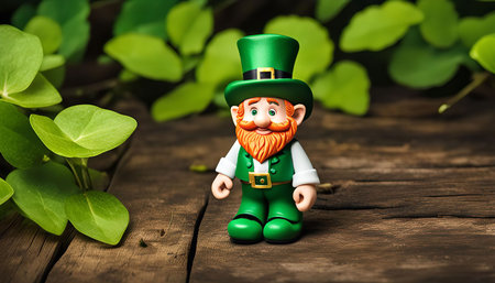 A leprechaun figurine stands on a rustic wooden background, surrounded by lush green leaves. This image evokes the magic and folklore of Ireland and celebrates St. Patrick's Day.の写真素材