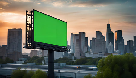 A large blank green screen billboard overlooking a bustling city skyline at sunset. The billboard is a prime location for showcasing advertising campaigns.の写真素材