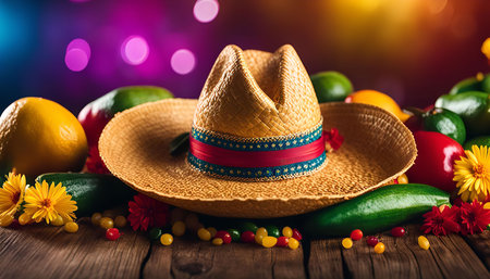 A colorful and festive Mexican fiesta celebration with a sombrero, fruits, vegetables, candy, and a blurry background of lights. The scene is a vibrant representation of Mexican culture and tradition.の写真素材