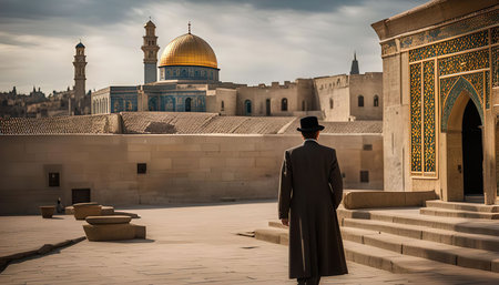 A man walks towards a mosque in Jerusalem with the golden dome of the mosque in the background.の写真素材