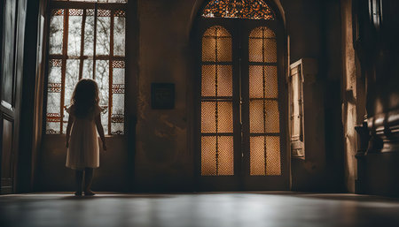 A young girl stands looking out of a window in an old, antique room.の写真素材