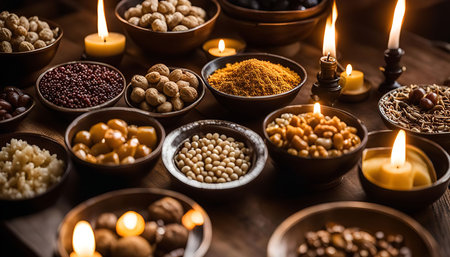 A rustic wooden table is adorned with a collection of bowls filled with various nuts, grains, and spices. The bowls are illuminated by flickering candles, creating a warm and inviting atmosphere. The scene evokes a sense of comfort and tradition, with a focus on the natural beauty of the ingredients.の写真素材