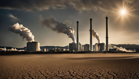 A power plant emits large plumes of smoke into the atmosphere, with a barren desert landscape in the foreground. The sun shines brightly in the sky, creating a stark contrast between the industrial pollution and the natural environment.の写真素材