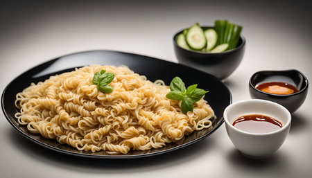 A plate of noodles with sauce and cucumber.の写真素材