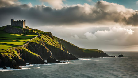 A majestic castle stands perched atop a rugged cliff overlooking the vast expansion of the Irish Sea. The dramatic coastline is a testament to the power of nature, with crashing waves and windswept cliffs. The castle's imposing structure tells a story of history and resilience.の写真素材