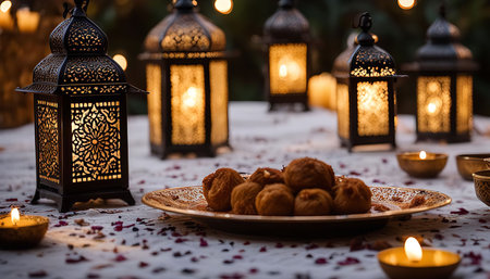A beautifully set table with multiple lit lanterns, candles, and a plate of sweets. The scene creates a warm, cozy and elegant atmosphere.の写真素材