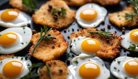 A close up shot of fried eggs and potato pancakes on a black plate, the fried eggs have golden yolks and the potato pancakes are golden brown and crispy.の写真素材