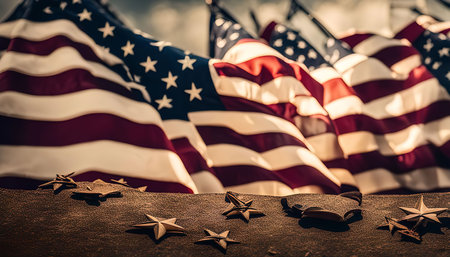Multiple American flags draped with stars in a solemn setting symbolizing patriotism and remembrance.の写真素材