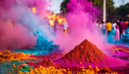 A vibrant mound of colored powder, likely used for the Holi festival in India, stands out against a...