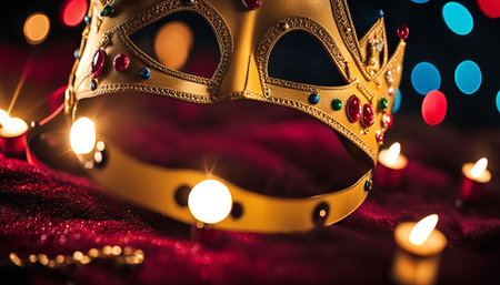 A close-up photo of a golden Venetian mask on a red fabric with candles behind it. The mask is intricately decorated with jewels and has a crown on top, giving it a royal and luxurious feel.の写真素材