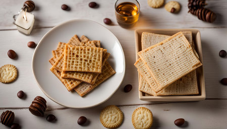 A close-up image of crispy, square cookies arranged on a plate, with a glass of beverage and a few...