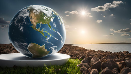 A photo of a globe on the shore of a lake, showing the beauty of Earth with the sun setting in the distanceの写真素材