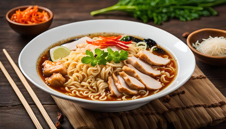 A bowl of ramen noodles with chicken, vegetables and spicy broth.の写真素材
