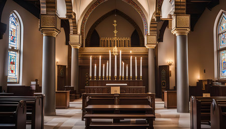 A view inside a church, with lit candles on the altar and stained glass windows. The pews are empty, suggesting a moment of peaceful reflection.の写真素材