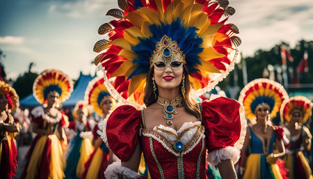 A woman in a vibrant carnival costume with feathers, jewelry and a mask, smiles as she participates in a parade with other costumed people.の写真素材