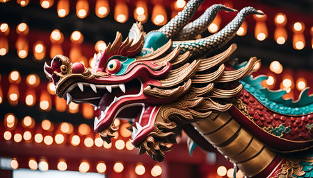 Close up of a Chinese dragon statue with festive lights in the background.の写真素材