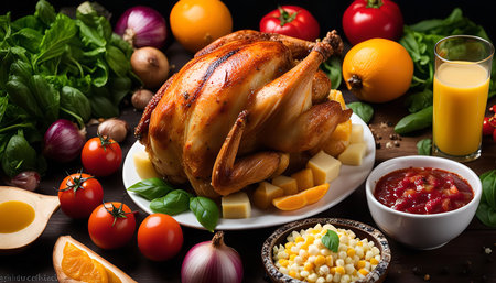 A roasted chicken on a plate surrounded by various vegetables, fruits, and side dishes for a delicious dinner.の写真素材