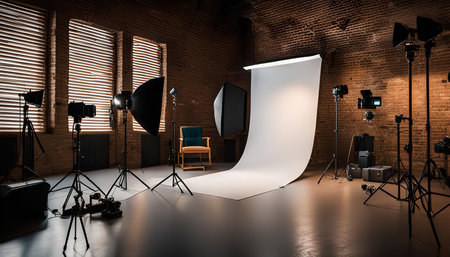 A professional photography studio set up with lighting, backdrops, camera equipment and a chair.の写真素材