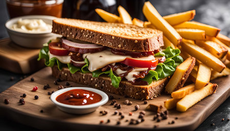 A close-up shot of a delicious sandwich with french fries, ketchup and mayonnaise. The sandwich is made with fresh ingredients and looks very appetizing.の写真素材