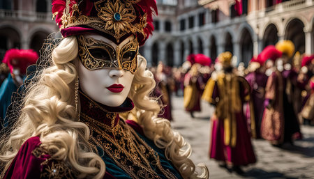 A woman wearing a traditional Venetian carnival mask, with elaborate costume and headwear. The mask is gold and white, and the costume is red, gold, and blue. She is looking directly at the camera, and the background is blurred.の写真素材