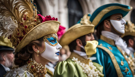 A close-up shot of three people wearing elaborate Venetian Carnival masks and costumes. The woman in the foreground has a gold hat with feathers and a blue and gold mask. The two men behind her are wearing white masks and colorful costumes.の写真素材