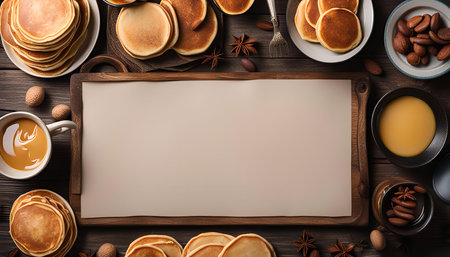 A top view of a wooden table with pancakes, coffee, and nuts. The table is set for a delicious breakfast, with a blank space in the center.の写真素材