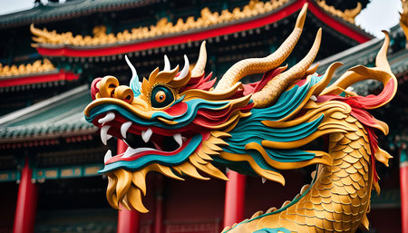 A close-up shot of a golden dragon statue outside a traditional Chinese temple. The intricate details and vibrant colors highlight the rich cultural heritage of China.の写真素材