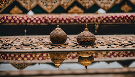 Two golden ornaments with intricate designs are placed on a surface reflecting their beauty in the water.の写真素材