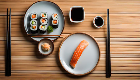 A beautifully arranged sushi dinner set on a wooden table, featuring maki rolls with salmon and avocado, nigiri with salmon, soy sauce, wasabi, ginger, and chopsticks.の写真素材