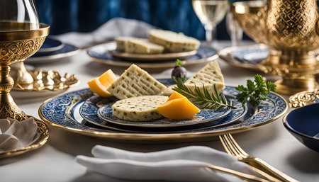 A beautifully composed table setting featuring a luxurious gold and blue porcelain dinnerware with a focus on a plate of delicious appetizers.の写真素材