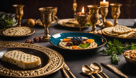 A traditional Passover Seder plate with matzah, charoset, and wine. The plate is set on a dark table with candles and other traditional Passover items. It is a beautiful and symbolic image of this important holiday.の写真素材