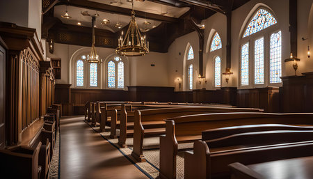 An interior view of a church, featuring rows of wooden pews, high ceilings with ornate chandeliers, and stained glass windows that illuminate the space.の写真素材