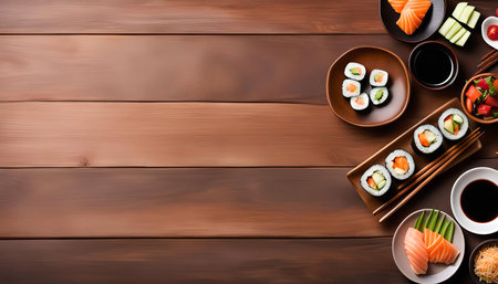 A top-down view of a variety of sushi rolls, sashimi, and accompaniments arranged on a wooden table.の写真素材