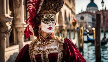 A woman wearing a traditional Venetian carnival mask, posing for a portrait on the streets of Venice. The mask is ornate and decorated with feathers and gold details.の写真素材
