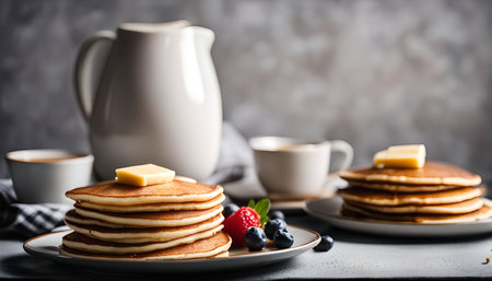 A stack of delicious pancakes topped with butter and berries, with a cup of coffee on the sideの写真素材