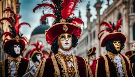 A group of people wearing traditional Venetian carnival masks and costumes during a parade in Venice, Italy.の写真素材